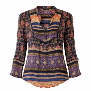 Lucky Brand Paisley‎ Print Blouse XS Long Sleeve Sheer Gauze Boho Festival Y2K